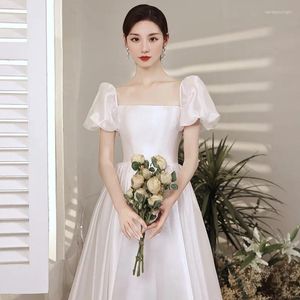 Party Dresses White Satin Evening Dress Princess Puff Sleeve Square Collar Simple Wedding Elegant Backless Lace Up Cocktail Gown