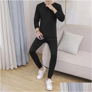 Mens Thermal Underwear Men Set Autumn Winter Tra-Soft Round Neck Botte Wear Elasticity Warm Long Johns Top Solid Sleepwear Drop Deliv Dhluo