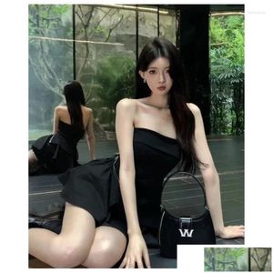 Work Dresses Spicy Fashion Bra Fluffy Skirt Two-Piece Set Women Korean Split Back Sleeveless Collarbone Temperament Solid Slim Party D Dhcg1