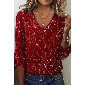 Women's Blouses Christmas Red Disty Floral Print 3/4 Flare Sleeve Blouse