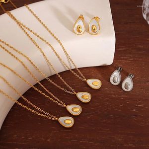 Necklace Earrings Set Waterproof Fashion Cute Fruit Avocado White Shell Charm 18K Gold Plated Stainless Steel Pendant Earring Jewelry