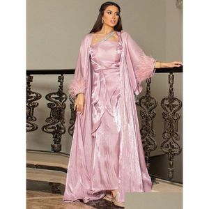 Roupas étnicas 3 peças Abaya Marroquino Partido Caftan Set Mulheres Cetim Pena Diamantes Árabe Vestidos de Noite Ramadan Muçulmano Dubai Abay Dhiy5