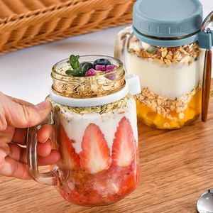 Storage Bottles Overnight Oats Jars With Lids Yogurt Pot 450ml Wide Mouth Glass Breakfast Jar Spoons & Handle Leakproof Container