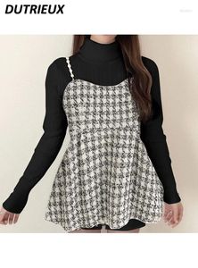 Women's Tanks Spring 2024 Japanese Style All-matching Outer Sleeveless Crop Top Sweet Pearl Shoulder Strap Houndstooth Sling Vest