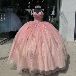 우아한 스파게티 스트랩 연인 볼 가운 Quinceanera 드레스 구슬 딩 진주 애플리크 레이스 무도회 이브닝 파티 대회 생일 가운 드레스