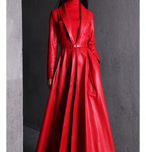 Nerazzurri высокое качество красный черный макси кожаный плащ для женщин с длинным рукавом удлиненное пальто с юбкой плюс размер мода 2109069177