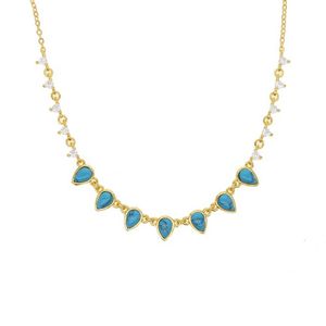 Pendanthalsband 2024 Guldfärgvatten Drop Blue Opal Stone med CZ Station Statement Chain Halsband Choker Fashion Trendy Jewelry for Women Gift Q240402