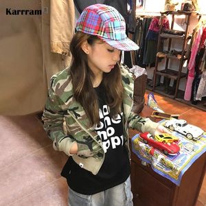 Jaquetas femininas Karrram japonês Y2k jaqueta cortada vintage harajuku casaco curto 2000s moda coreana camuflagem zíper moletom com capuz