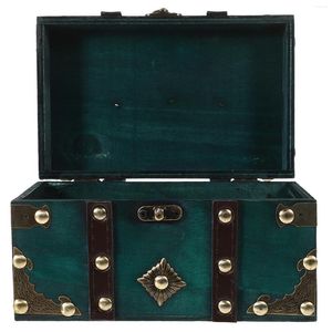 Förvaringspåsar smycken hållare lådan prydnadsfall pirat skattkista skrivbord metall arrangör trä