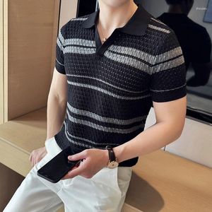 Herrpolos 2024 Summer Mesh Hollow Striped Polo Shirts Jacquard Sticked Short Sleeved T-Shirt Casual Business V-Neck Tee Tops M-3XL