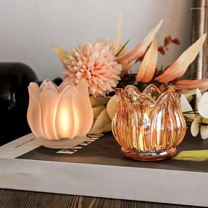 Candle Holders Romantic Retro Tulip Glass Holder Nordic Clear Frosted Aromatreatment Cup Home Table Candlelight Holiday Decorat