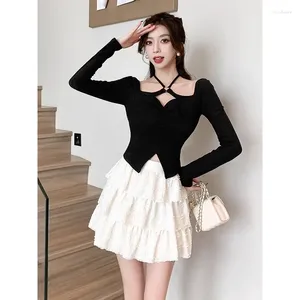 Vestidos de trabalho 2024 sexy conjunto de duas peças feminino coreano elegante preto manga longa topo e branco cintura alta mini saia vestido conjuntos