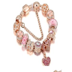 Charm Bracelets Top Quality Rose Gold Pink Sier Beads Cherry Red Heart Crystal Butterfly Flower Fits European Charms Safety Chain Je Dhcn8