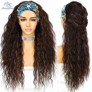 Peruker Beauty Town Long Kinky Curly Jbrown pannband Full Machine Wig Daily Wedding Party Highlight Wig Ombre Blonde Syntetisk hår peruk