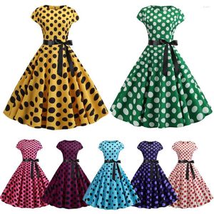 Party Dresses Women Vintage 1950s 60s Polka Dot Print High Waist A-line Swing Dress Retro Short Sleeve With Belt Evening Prom