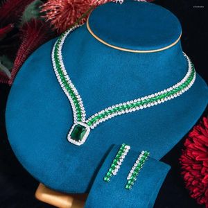 Necklace Earrings Set BeaQueen Big Green Rectangle Cubic Zircon 3 Layers Wide Chunky Earring Expensive Women Bridal Wedding Jewelry JS394