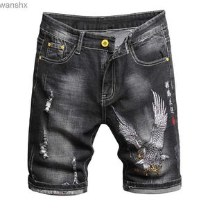 Shorts masculinos shorts de jeans masculinos com bordados chineses clássicos elástico preto slim shorts casuais de tendência de rua para menl2404