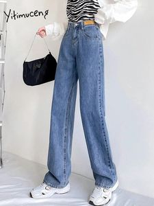 Kvinnors jeans yitimuceng hög midja för kvinna 2024 breda benbyxor denim blå vit vintage streetwear rak mamma full längd