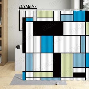 Shower Curtains Creative Geometric Blue White Square Black Line Pattern Splicing Bath Curtain Modern Fabric Home Bathroom Decor