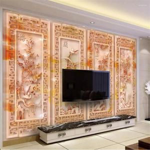 Wallpapers Wellyu personalizado po papel de parede 3d jade esculpido bambu crisântemo sala de estar sofá fundo papel de parede
