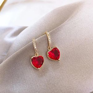 Brincos pendurados luxo elegante vermelho coração forma zircão brinco para mulheres meninas declaração moda jóias festa de noivado casamento