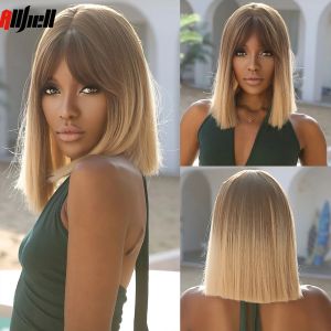 Парики короткие бобы синтетические парики волос с Bang Ombre Brown Blonde Natural Stright Wig для чернокожих женщин косплей вечеринка парик