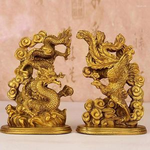 Statuette decorative Tibet Bronzo Ottone Drago e Fenice intagliati a mano sono statua di buon auspicio mascotte regalo di congratulazioni per la decorazione della casa