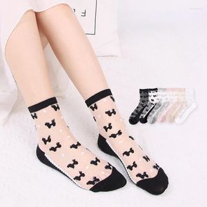 Women Socks Crystal Silk Summer Ultra-Thin Transparent Nylon Long Farterfly Print Lolita Kawaii Cute Glass Sox