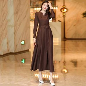 Casual Dresses Women Spring Autumn Long Dress Elegant Small V-Neck Sleeve Slim Simplicity Fashion Coffee Overlength