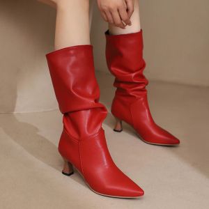 Boots Trendy Women Pleated Blue Denim Jeans Boots Spike Heels Pointy Toe Kneehigh Boots Shoes Autumn Winter Red Black White Pink