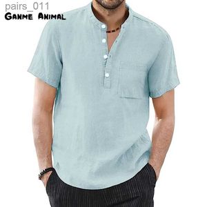 Camisas casuais masculinas verão moda mens linho casual t-shirts algodão masculino manga curta v-collar respirável solto tee blusa de colarinho 240402