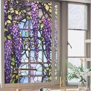 Fönsterklistermärken Floral Stained Glass Film UV Blockering Värmeisolering Violet Mönster Statiska klingar för dekorationer