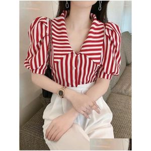 Frauen Blusen Hemden Mode Gestreifte Frauen 2024 Sommer Koreanische Turn-Down-Kragen Puff Sleeve Bluse Vintage Chic Button Up Casual Lose Dh9Ur