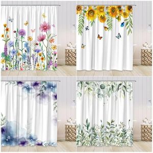 Shower Curtains Plants Flowers Watercolor Floral Yellow Sunflower Green Leaves Butterfly Modern Decor Hooks Fabric Bathroom Set
