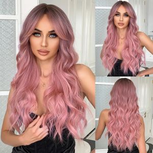 Wigs Pink Long Wavy Wigs with Bangs Synthetic Dark Roots Wigs for Women Natural Wave Fake Hair Heat Resistant Cosplay Party Use Wig