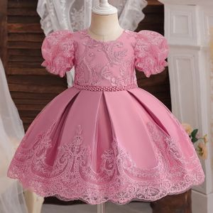 Bordado Lace Floral Bebê Vestido Rosa Flor Menina para Cerimônia de Casamento Crianças 1 Ano Aniversário Frisado Princesa Traje 05T 240311