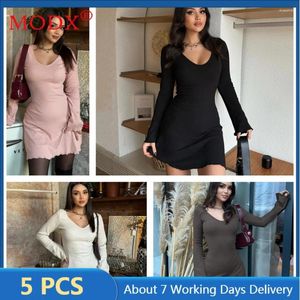 Casual Kleider 5 stücke Großhandel Artikel Für Boutique Kleid Frauen Langarm V-ausschnitt Einfarbig Bodycon Vestidos Weibliche Roben Sexy y2k M13225