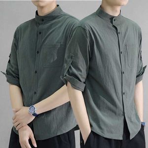 Linen shirt mens summer and Korean version trendy and handsome slim fit cotton 3/4 sleeve spring and summer 3/4 sleeve shirt mens short sleeved shirt
