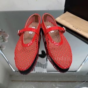 Designer de luxo sapatos mulheres ballet flats oco malha sandália mules cabeça redonda strass rebite fivela mary jane sapatos mocassins de couro genuíno slide tamanho 35-41 05