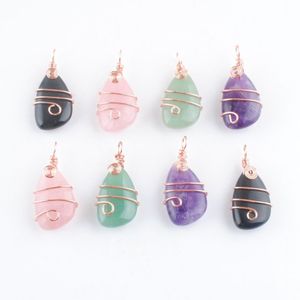 Whole Natural Stone Copper Wire Wrap Pendant Irregular Geometric Bead Amethyst Crystal Opal Rose Gold Color Dangle Charms Jewe271T