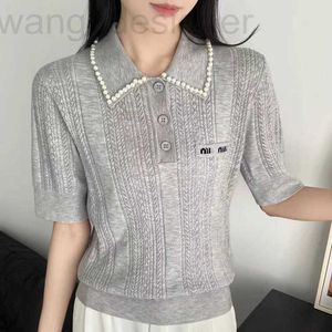 Women's T-Shirt designer Chunyuan 24 Early Spring New Elegant Pearl Edge Polo Neck Wool Jacquard Short Sleeve Knitted Sweater for Women 4VWQ