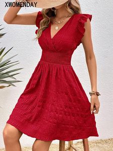 Vestidos casuais elegante curto para mulheres verão magro vermelho sem mangas férias praia vestido moda v pescoço a-line em 2024