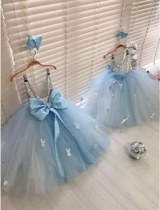 Vestidos de garotas azuis para bebês para vestidos de festa de aniversário 2023 lantejoulas de prata top tutu saia 3d floral barato crianças baile vestidos de baile