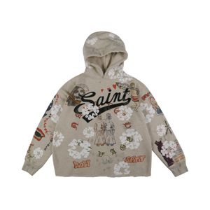 Zongchi Clothing Companys American Fashion Brand 2023 New Hand Painted Graffiti Manga Flower Plush Hooded Sweater for Men