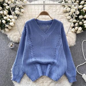 Kadın Sweaters Mavi Beyaz Khaki Kısa Örme Süveter Külot Üstler Kore V yaka gündelik uzun kollu bayanlar örgü jumper bahar sonbahar