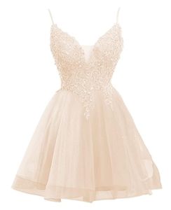 Short Homecoming Dresses Deep V-Neck Appliques Sequins Beading Tulle Lace-up Ball Gown Cocktail Formal Occasion Cocktail Prom Party Graudation Gowns Hc11