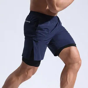 Shorts masculinos cintura ajustável de secagem rápida esporte de duas peças para homens elástico fitness perna larga basquete corrida