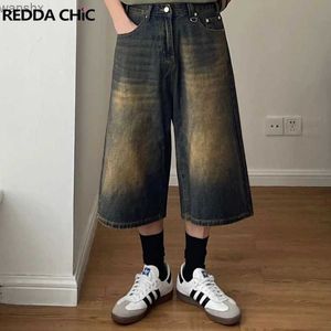 Mäns jeans reddachic y2k mens denim shorts med gigantiska breda ben jorts klippta fickor vintage tvättade låg midja byxor koreanska stylel2404