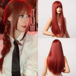 Peruker cosplay makima peruker orange röd ombre långa raka peruker för kvinnor syntetiska peruker med lugg värmebeständig fiber wigshair