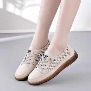 Casual Shoes Genuine Leather Round Toe Mesh Flat Bottomed Women Hollowed Out Breathable Anti Slip Wear-resistant Work And Leisure